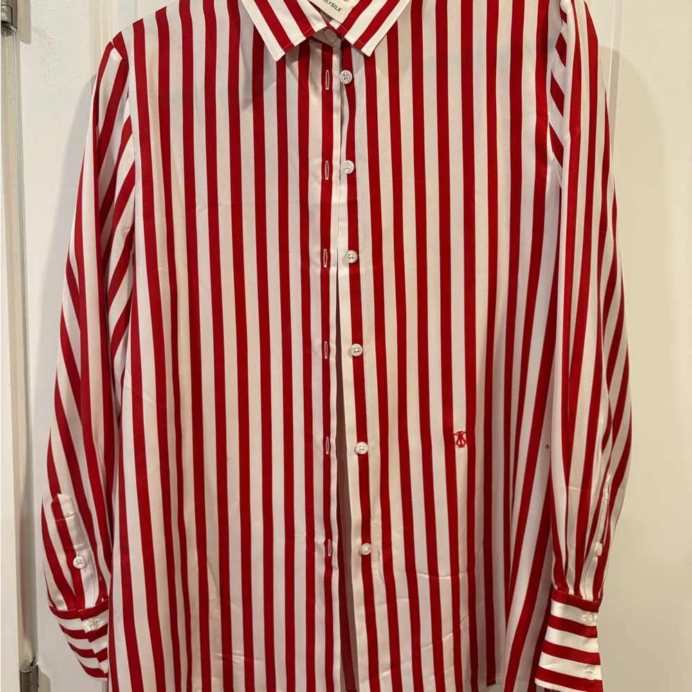 Lilysilk Red and White Vertical Stripe Button-Down Shirt - Picture 4 of 4
